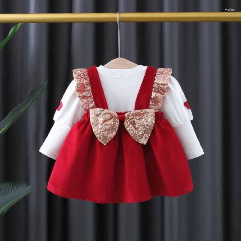 

Clothing Sets 2023 Spring Autumn Baby Girl Long Sleeve T-Shirt Sequin Vest Dress 2Pcs Suit Toddler Birthday Party Costume 0-4T, Red