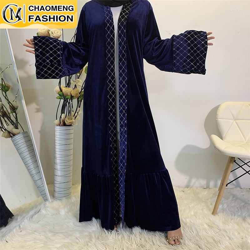 

Ethnic Clothing Arrivals Golden Velvet Open Front Abaya Kimono Women Muslim Dress Modest Wear Dubai Turkey Sheer Duster Cardigan