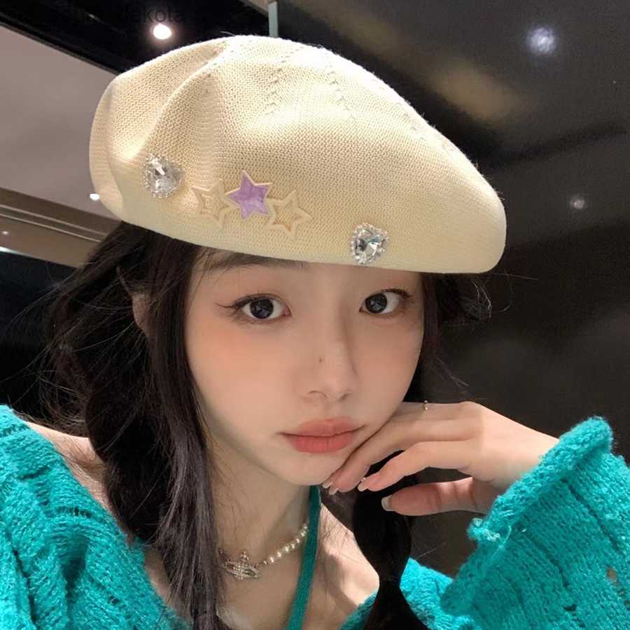 

Sweet Girl Design Beret Women Fashion Rhinestone Pentastar Intersperse Bud Painter Hat Boinas Female Shopping Festival Gift L230523, White