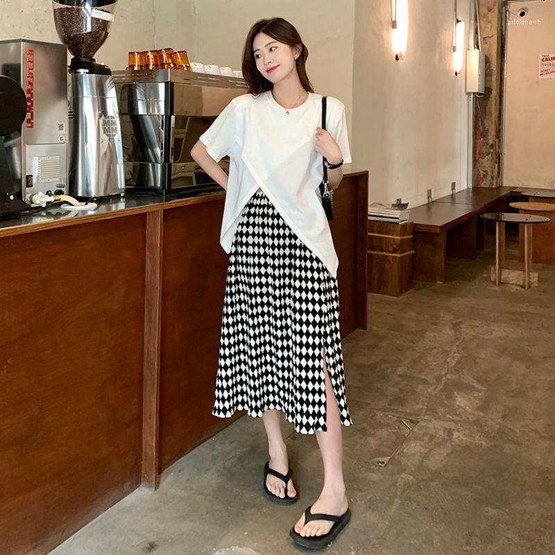 

Skirts Women 2023 Summer Korean Style Elegant High Waist A-Line Vintage Fashion Casual Plaid Loose Maxi Tops B49, 8019