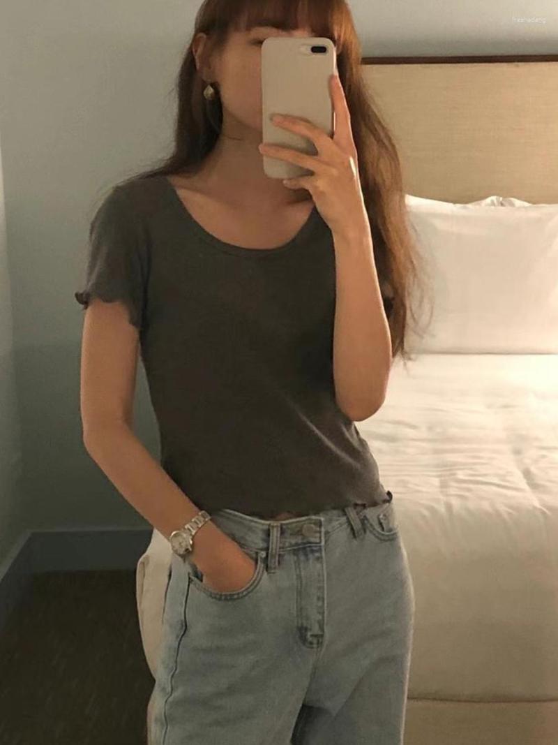 

Women's T Shirts Solid Fashion Cropped Tops For Women Round Neck Short Sleeve Slim Female T-shirt Streetwear Elegant Ladies Tees 2023, Gray