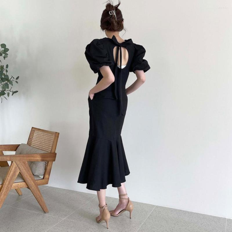 

Casual Dresses South Korea Chic French Minority Summer Wear Back Strap Hollow Show Thin Fish Tail Skirt Long High Waist Dress Tide, Black