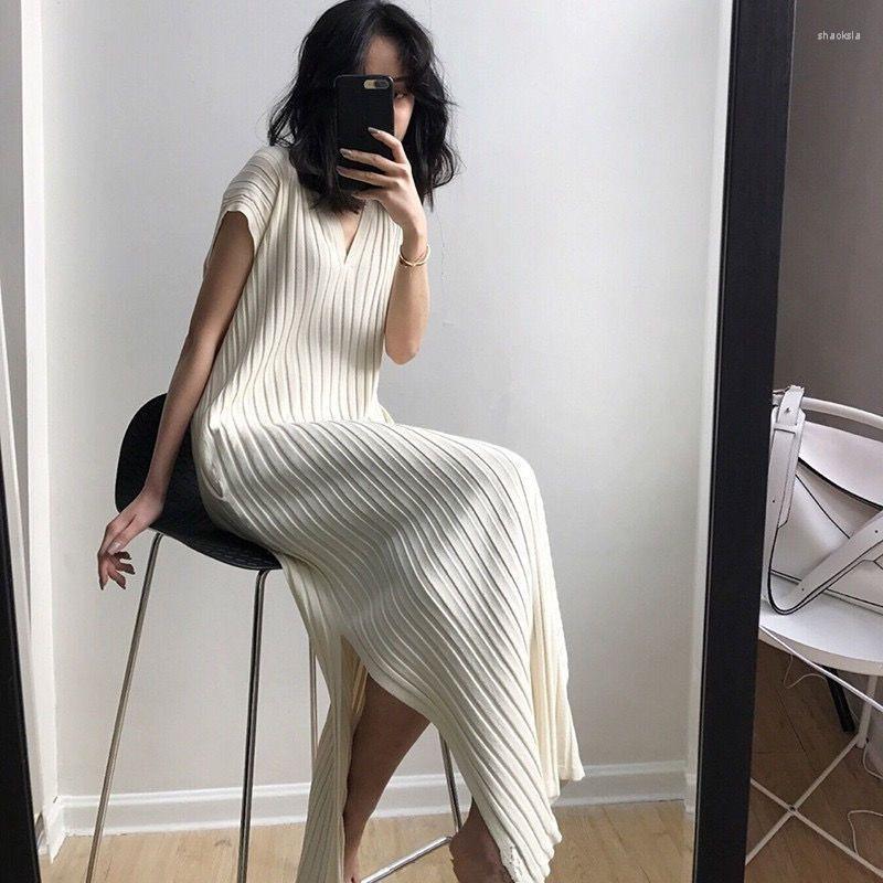 

Casual Dresses Summer Korean Fashion Long Dress Women Knitted V-neck Short Sleeve Loose Holiday Beach Vestidos Robe, Beige