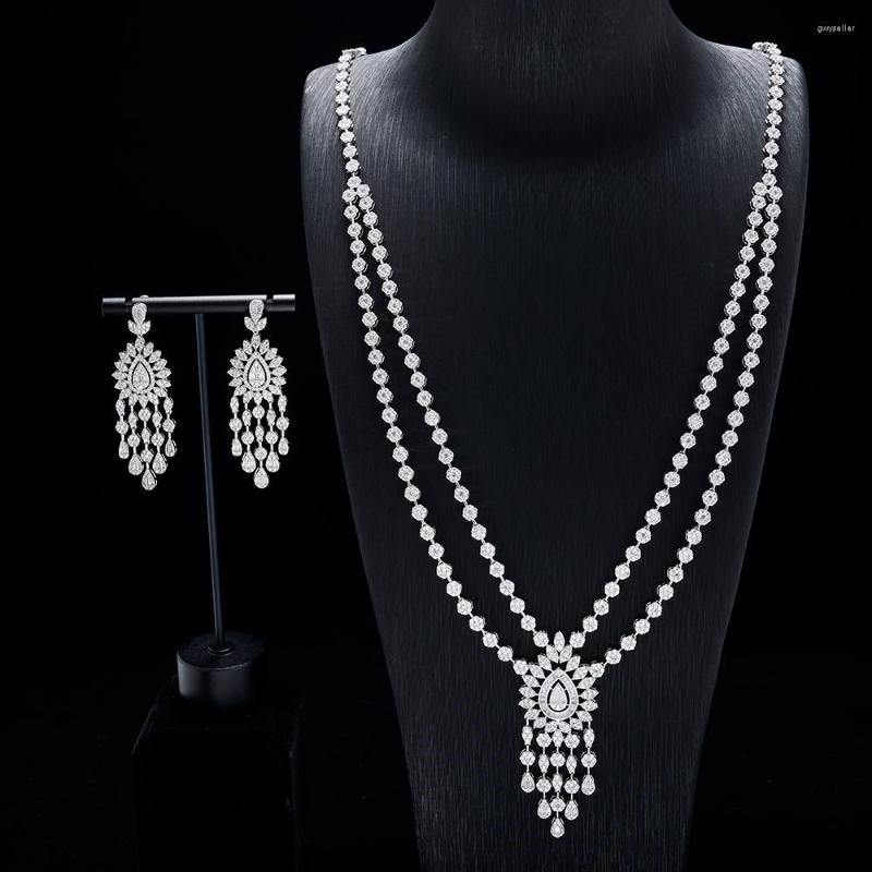 

Necklace Earrings Set 012029 Fashion Women Long Full Cubic Zirconia Jewelry Dubai Bridal Party Jewellery Sweater Chain Gift, Picture shown