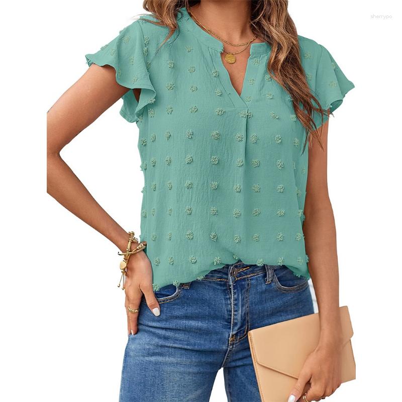 

Women' Blouses Summer V-neck White Blouse Sweet Ruffled Short Sleeve Solid Shirt Fashion Loose Tops Casual Jacquard Women Clothes Blusas