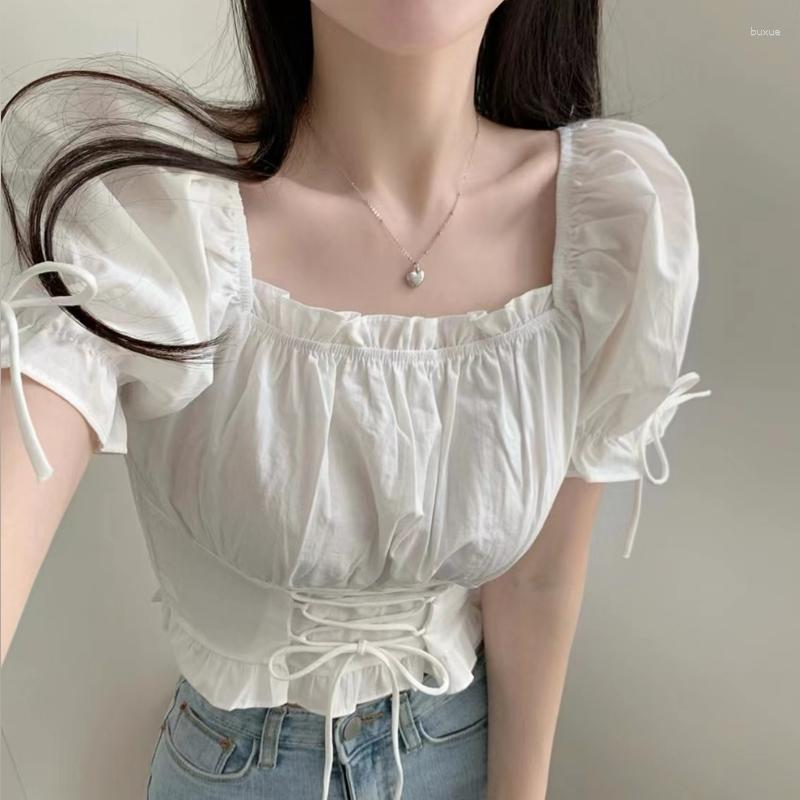 

Women's Blouses Chic Womens Tops And Square Collar Lace-up Blusas Femininas Puff-sleeve Blouse For Women Korean Fashion Sweet Dropship, White
