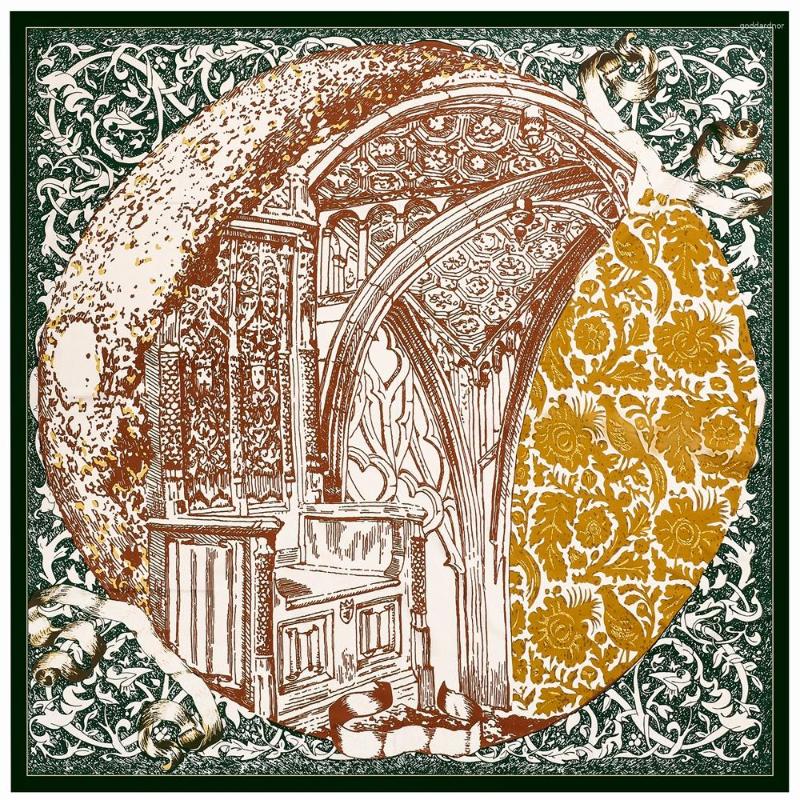 

Scarves 130CM Silk Scarf Women Retro Plain Flower Plants House Print Square Bandana Luxury Muslim Hijab Wraps Female Shawl