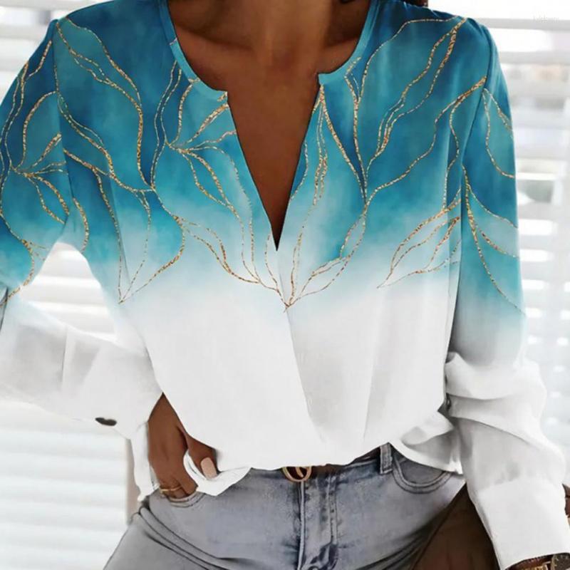

Women' Blouses V-Neck Women Pullover Shirt Long Sleeves Button Cuffs Casual Gradient Color Floral Print Elegant Blouse Streetwear Blusas, Blue