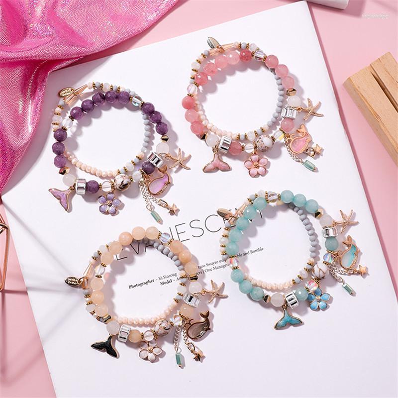 

Link Bracelets Sweet Retro Elastic Double Layer Beaded Whale Tail Flower Starfish Pendant Bracelet Bangles For Women Holiday Charm Jewelry