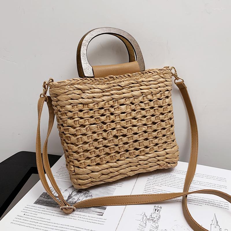 

Evening Bags Small Handwoven Straw Beach Women's Handbag Vintage Hollow Out Tote Bag Basket Rattan Vacation Female Shoulder, Beige