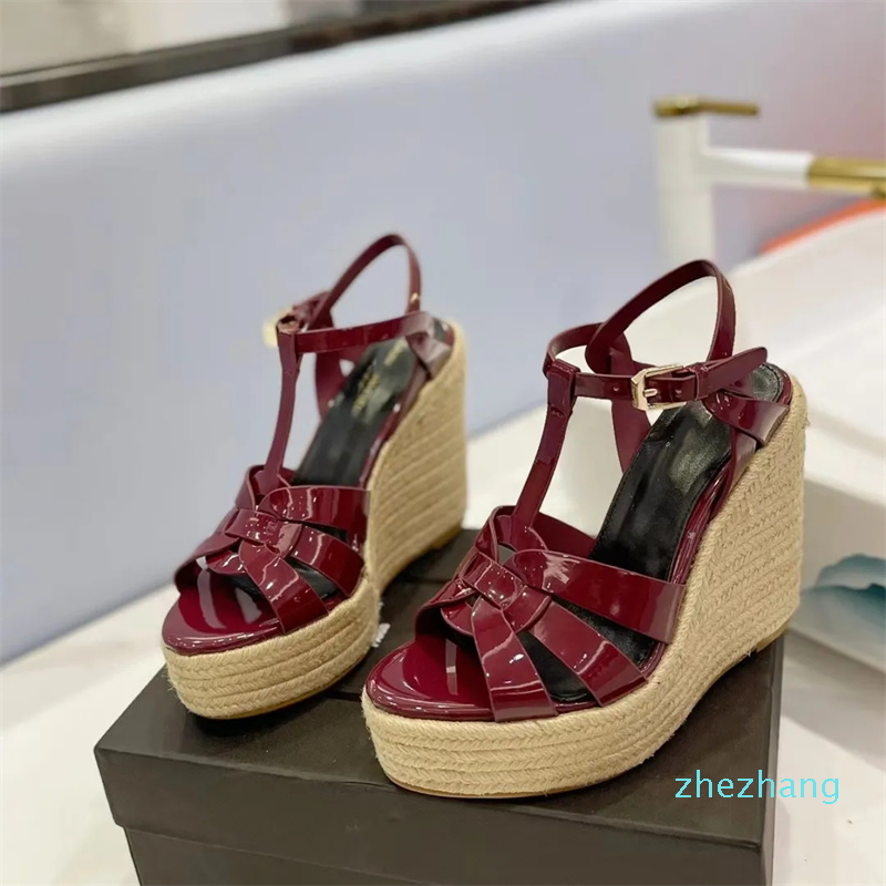 

2023- leather sandals high heels straw wedge heel designer classic factory womens shoes summer dating wine 12.5CM flat shoe 34-42, Ivory