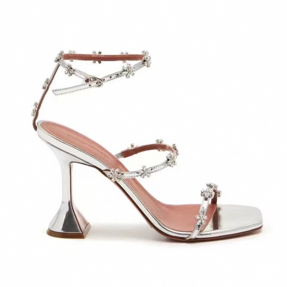

Amina Muaddi Lily flower crystal embellished strap sandal mules Evening shoes Rhinestone women heels Luxury Designers heeled sandals factory footwear, Black