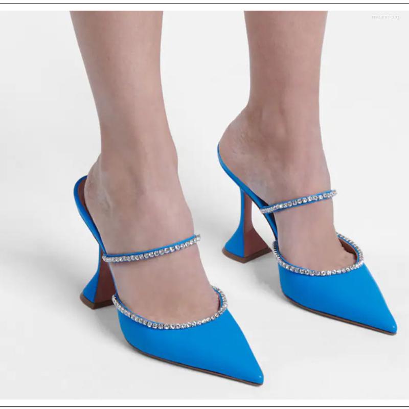 

Sandals BCEBYL 2023 Fashion Half Drag Shiny Satin Wine Glass Rhinestone High Heel Banquet Baotou Slippers Chaussures De Marche, Blue sardine