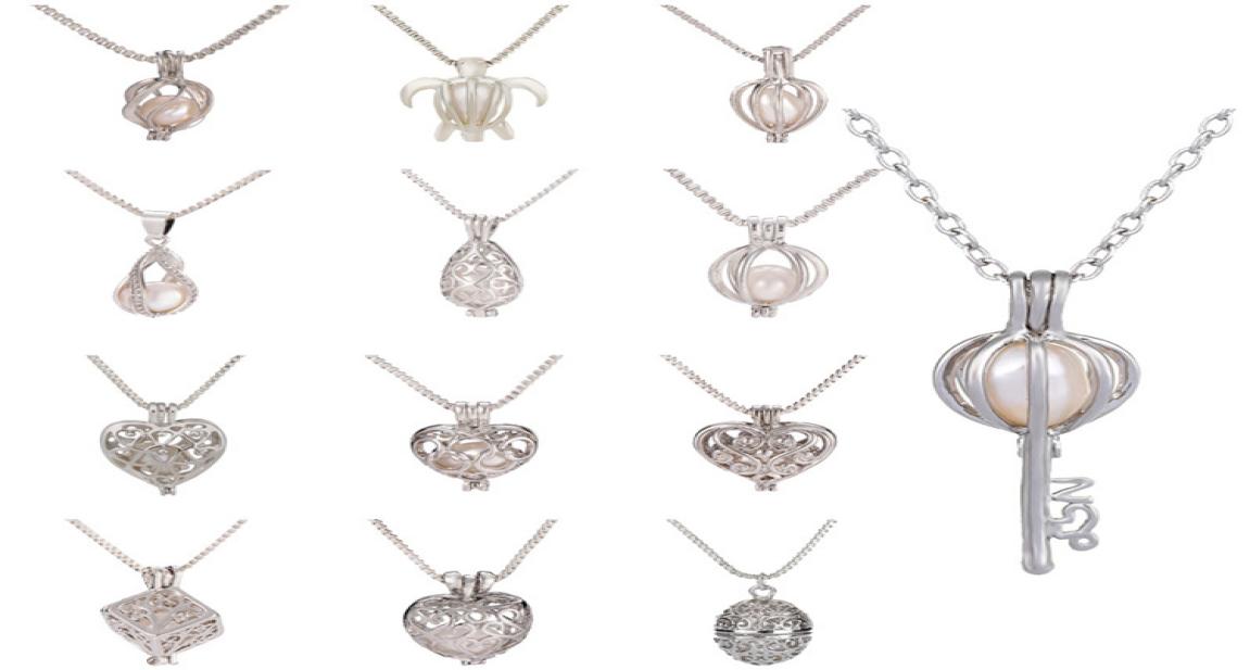 

Pearl Cage Love Wish Locket Pendant Necklace Artificial Natural Pearl with Oyster Pearl Mixed Hollow Clavicle Chain Necklace T6C056622333
