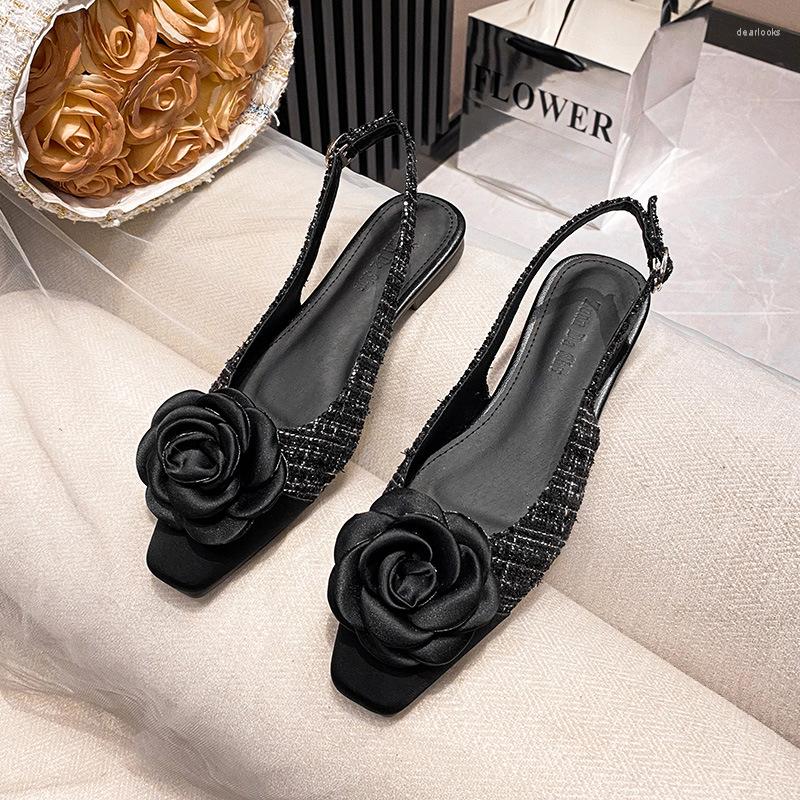 

Sandals Rose Flower Flat Women Black White Mixed Color Slingback Summer Shoes Woman Square Toe Floral Sandalias Mujer Big Size42