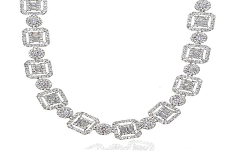 

2020 New Baguette Cluster Tennis Chain Necklace Silver Color Baguette And Cluster Link CZ Iced Bling Chain Choker For Man Women3824664