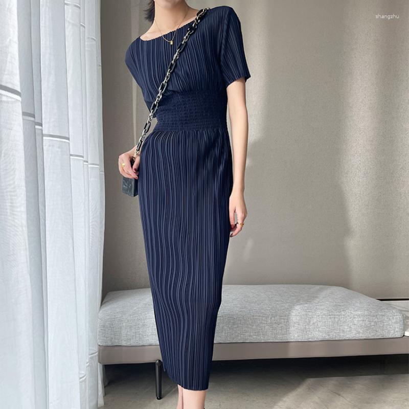 

Party Dresses Pleats Vertical Stripes Waist High Dress Women Pressed Short Sleeves O Neck Long Skirt Summer Female, Black