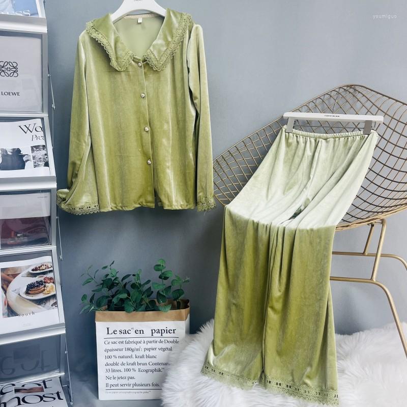 

Women's Sleepwear Autumn Winter Gold Velvet Pyjamas Loose Warm Pajamas Princess Collar Long Sleeve Shirt Pants Set Women Nightwear, White