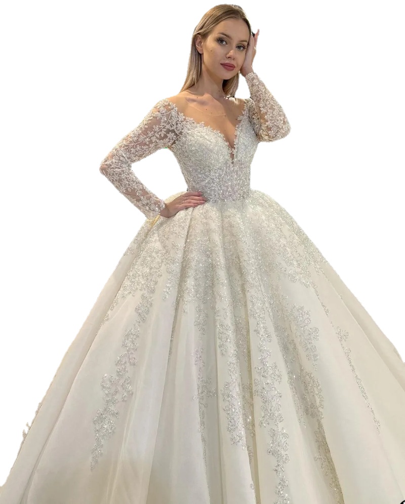 

Fancy A Line Wedding Dress Sheer Neck Jewel Bridal Gowns Lace Sequined Sparkle Robe de mariee, White