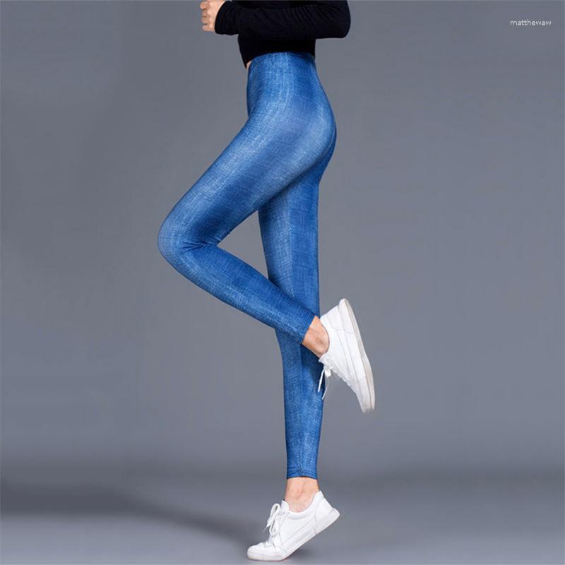 

Women's Leggings Fashion Super Soft Milk Silk Blue Jeans Print Fitness Sexy Silm Legins Ankle Length Trouser Women Pants, Grid blue