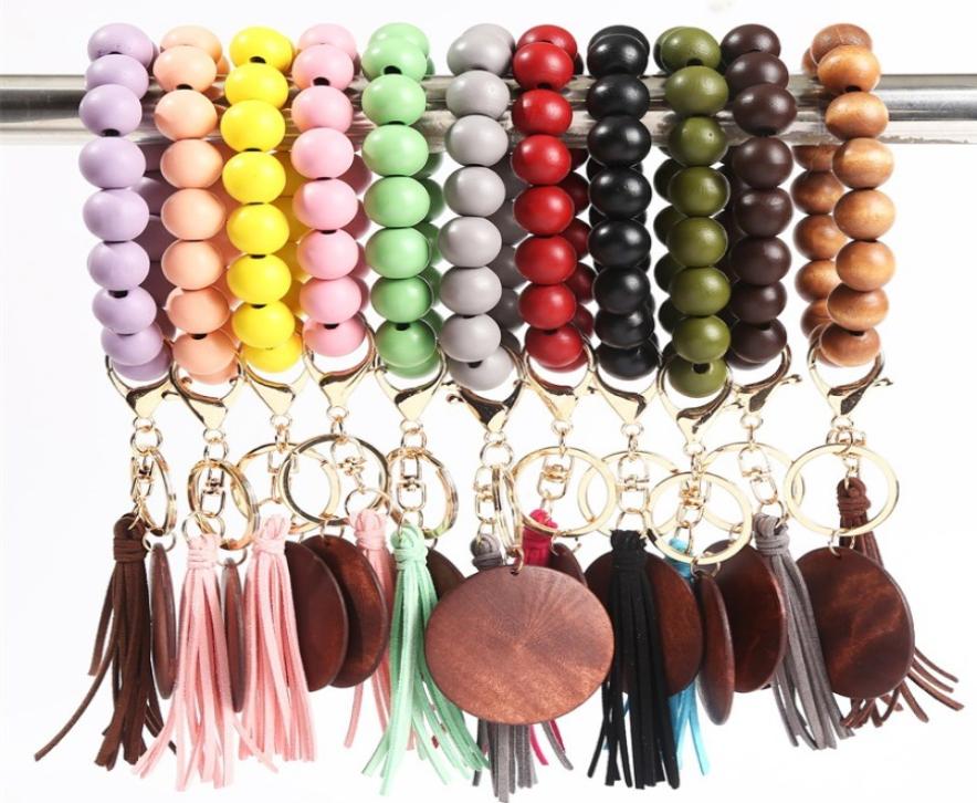 

11 colors Wooden Bracelet Keychain with Tassels Keys DIY Wood Fiber Pandent Woodwooden Bead Bangle Key Decorate9666831