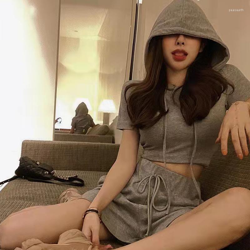 

Women' Shorts 2023 Sports Suit Women' Summer Girls Wear Fried Street Short Hooded Thin Two-piece, Black