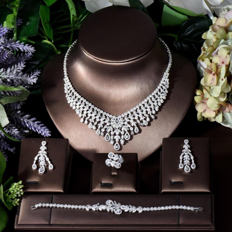

Necklace Earrings Set Fashion Vintage Classic Bride Women Earring Ring And Bracelet 4PCS Leaf Shape CZ Jewelry Formal Occasion N-260, Picture shown