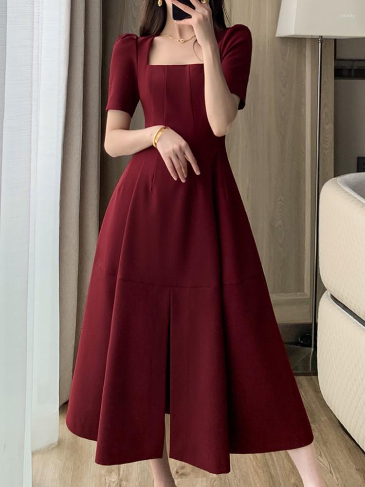 

Casual Dresses Korean Fashion Women Summer Elegant Red Dress Vintage Chic Solid Party Wedding Vestidos Female Birthday Robe Mujers