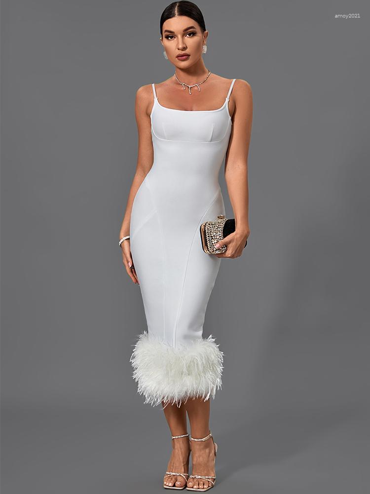 

Casual Dresses Feather Bandage Dress Women White Bodycon Evening Party Elegant Sexy Midi Birthday Club Outfits 2023 Summer Fashion, Lavender