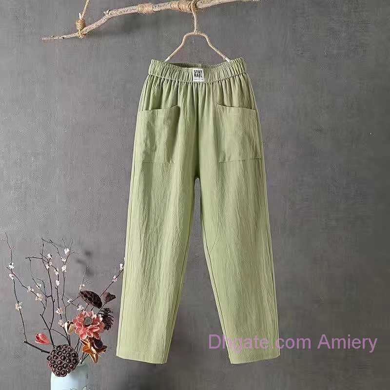 

Summer Autumn Women Linen Casual Pants plus size Women's Loose Thin Straight Trousers Nine Point Solid Color Linen Cotton Pants 3xl 4xl 5xl, White