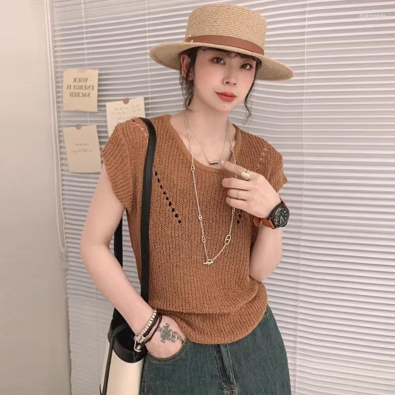 

Women's Blouses Women's Blouse Women Summer 2023 Fashion Vintage Casual Short Sleeve Sleeveless Knitted Solid Brown Blusas Womens Tops