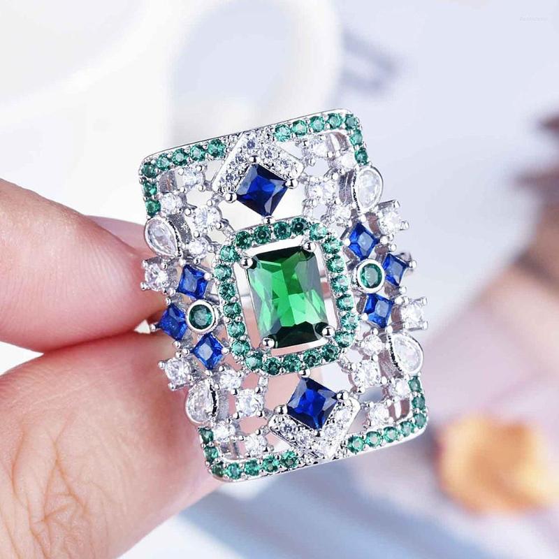 

Cluster Rings Vintage Edward Art Deco Emerald Gemstones Diamonds Women Luxury White Gold Filled Jewelry Green Crystal Trendy Accessory