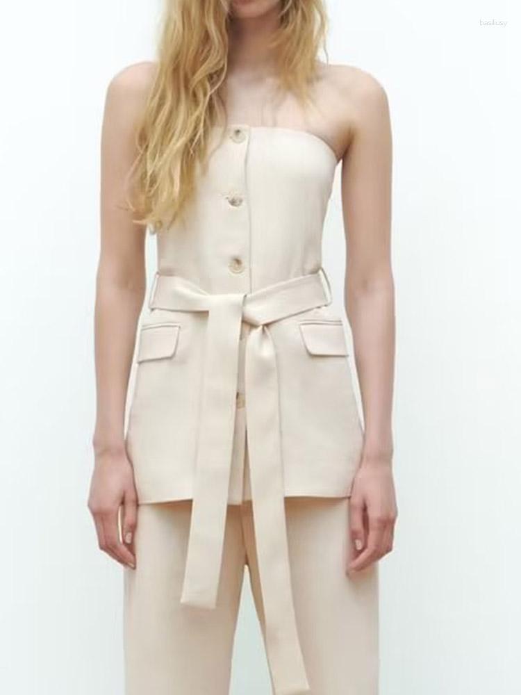 

Women's Vests Kumsvag 2023 Women Summer Coats Casual Solid Strapless Off Shoulder Sashes Waistcoat Female Elegant Street Linen Clothing