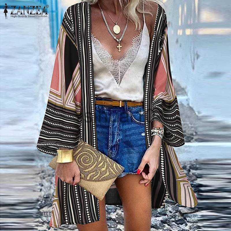 

Women's Blouses Shirts ZANZEA Women Bohemian Beach Cardigan Summer Blouse Vintage Floral Printed Long Sleeve Kimono Casual Loose Holiday Tops Shirt J230621, Blue