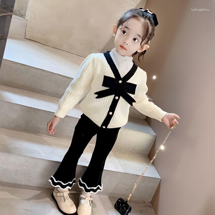 

Jackets Knit Cardigan Sweater Girls Coat 2023 Autumn Winter Lovely Sweet Bowknot Korean Version Long Sleeve Kids Tops V-Neck