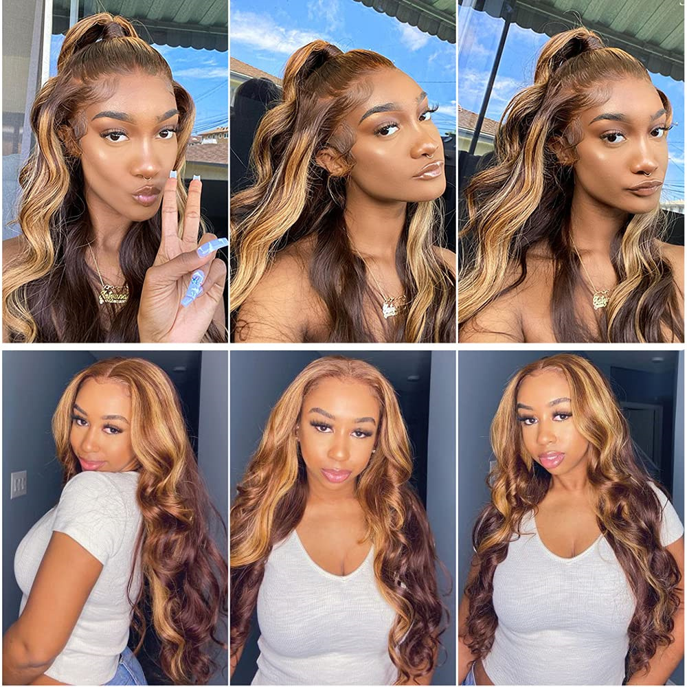 

Fashion Dress Up 13x4 Lace Front Body Wave Wig Human Hair Honey Blonde Highlight Colored Brazilian 28 Inch Lace Frontal Wig for Women Free Ship, Brown