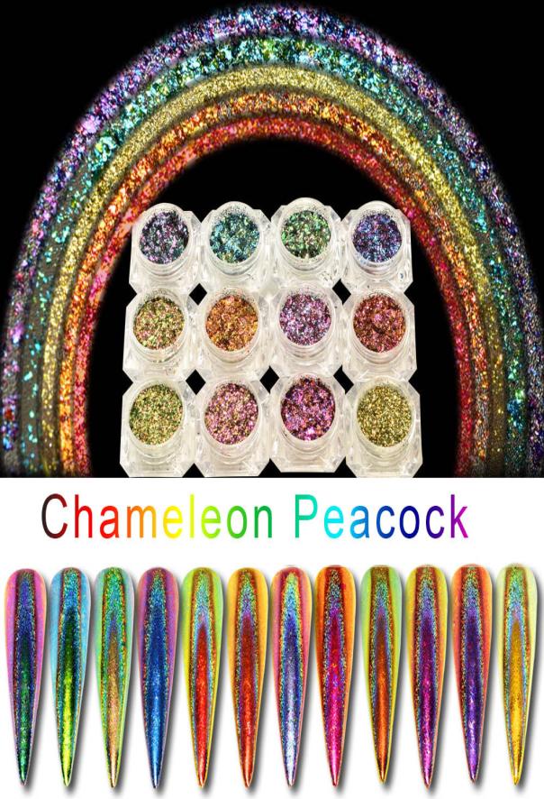 

1box Peacock Holographic Chameleon Nail Sequins Colorful Laser Glitter Nails Powder Dust3000724