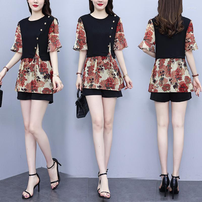 

Women's Tracksuits 2023 Fashion And Chic Two-piece Set Women Outfit : Elegant Splicing Lace-up Blouse High Waist Short Pants 2piece Clothes, Black