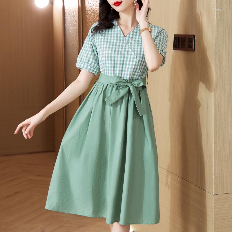 

Party Dresses Summer Cotton And Linen Plaid Shirt Dress Women Casual Loose Patchwork A-LINE Bandage Tunic Midi Pink Green Blue