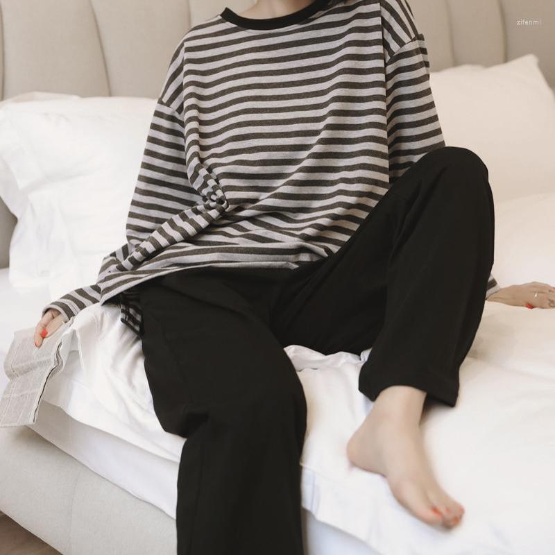

Women's Sleepwear Spring Autumn Pajamas Women Stripe Long Sleeve Loose Sleep Set Cotton Home Clothes Lounge Nightwear O-Neck Pyjamas, White
