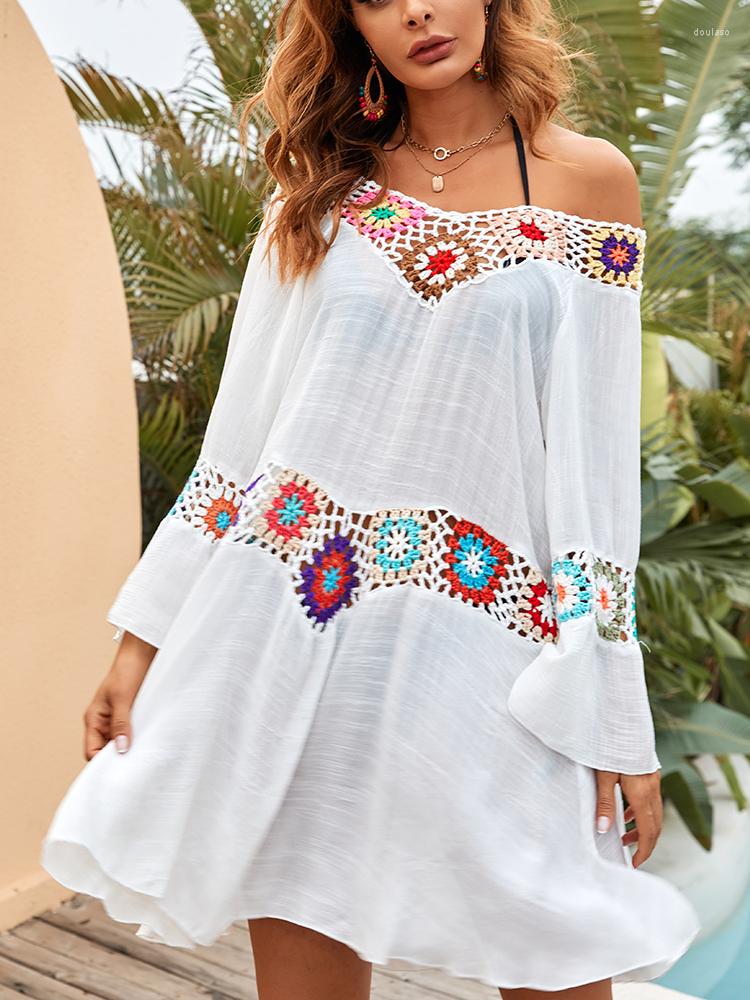 

Women's Swimwear Bikini Beach Cover Up With Fringe Trim Women Sexy Hollow Tunic White Crochet Dress 2023 Summer Bathing Suit Beachwear