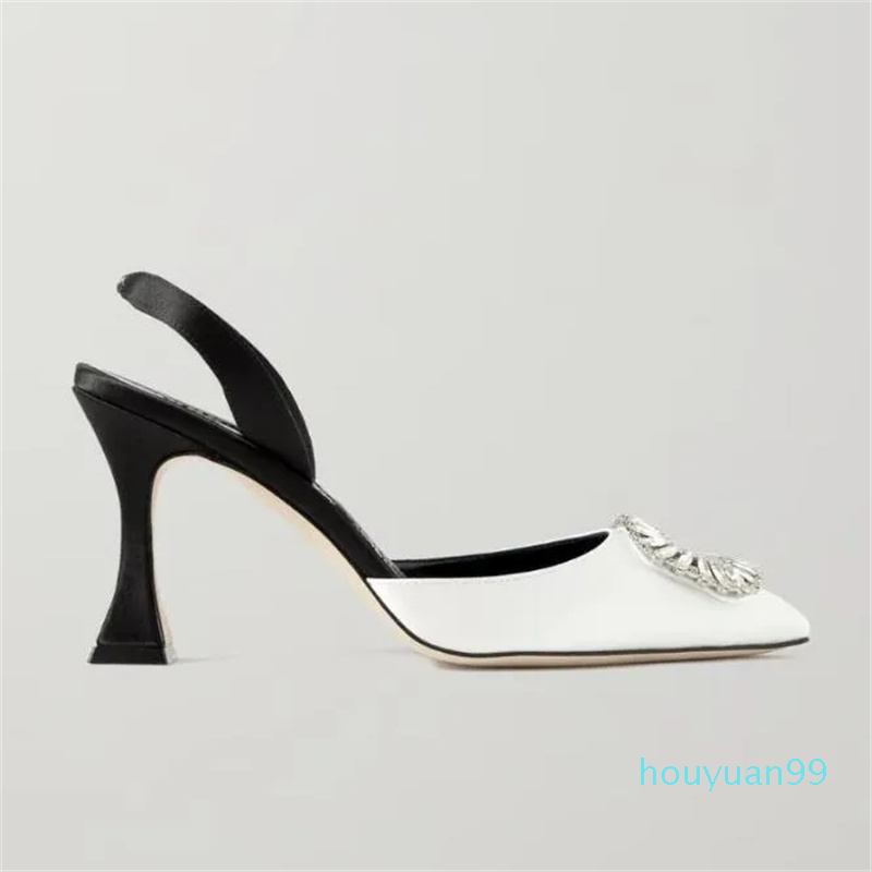 

Elegant Sandals Shoes Women Crystal Buckle Mules Embellished Slingback Shiny Satin High Spool Heel Lady Party Wedding eu35-43