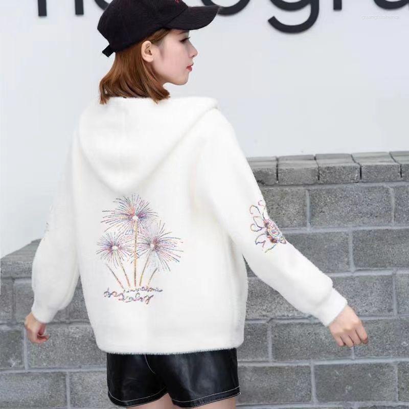 

Women's Knits Korean Fashion Floral Hooded Cardigan Women Chic Soft Mink Cashmere Sweater Jacket Casual Single Breasted Fleece Knit Coat, Red