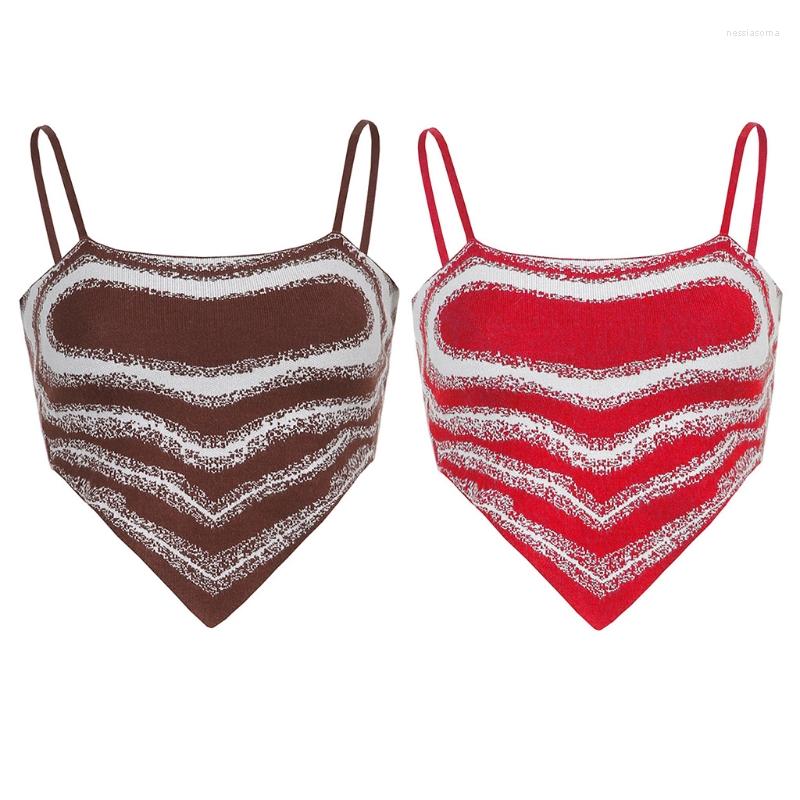

Women' Tanks Women Summer Spaghetti Strap Crop Top Boho Gradient Striped Print Knitted Camisole Casual Slim Asymmetrical Hem Beach Vest, Red