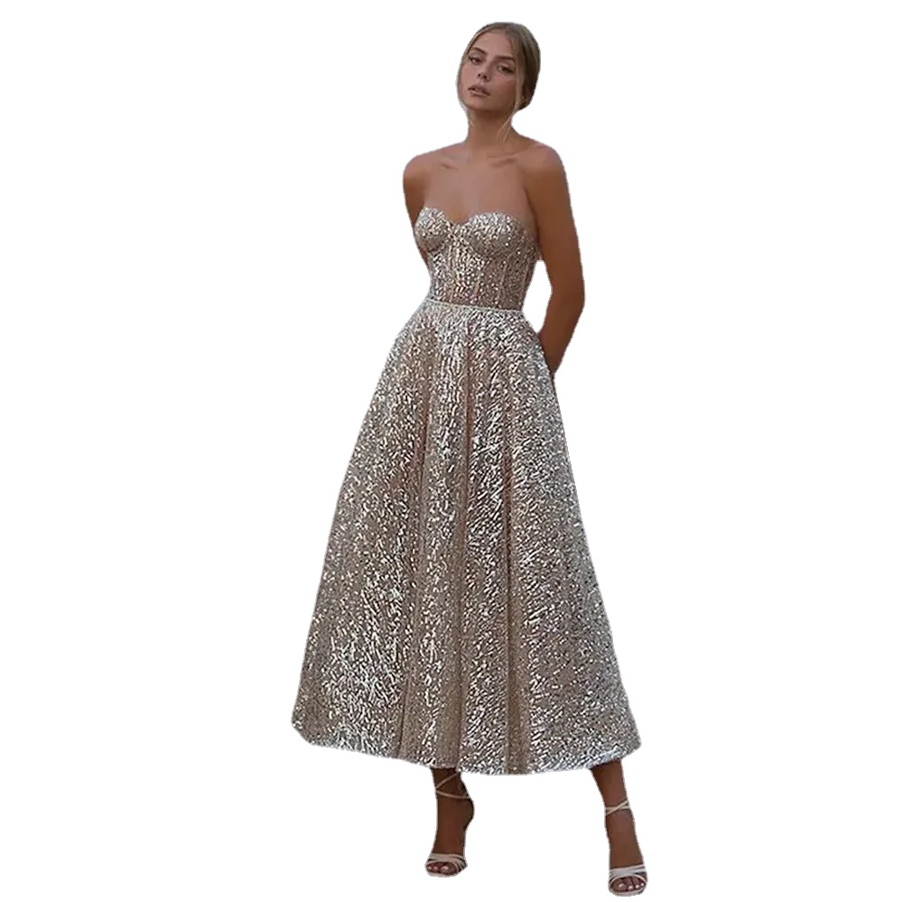 

New Glitter Pink Sequins Evening Dress Sweetheart Backless Tea Length Bridal Gowns Shiny Party Formal Wear Robe De Soriee, Silver