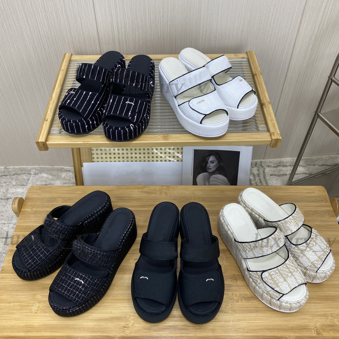 

Designer Slippers Women Fabric Slippers Summer Wedge Heel Mules Fashion Fabric Cross Strap Sandals Ladies Slides 2023, Color 2