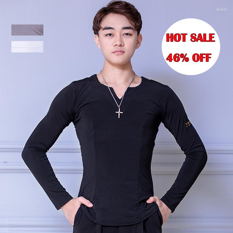 

Stage Wear Latin Dance Shirts Men Crystal Cotton Long Sleeve V Neck Practice Tops Male Ballroom Cha Samba Dancing Clothes Dancewear DN9370, Black