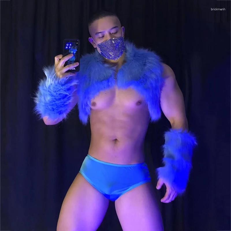 

Stage Wear Blue Fur Shawl Cuff Briefs Outfit Muscle Man Bar Dancer Performance Clothes DJ Gogo Sexy Costume