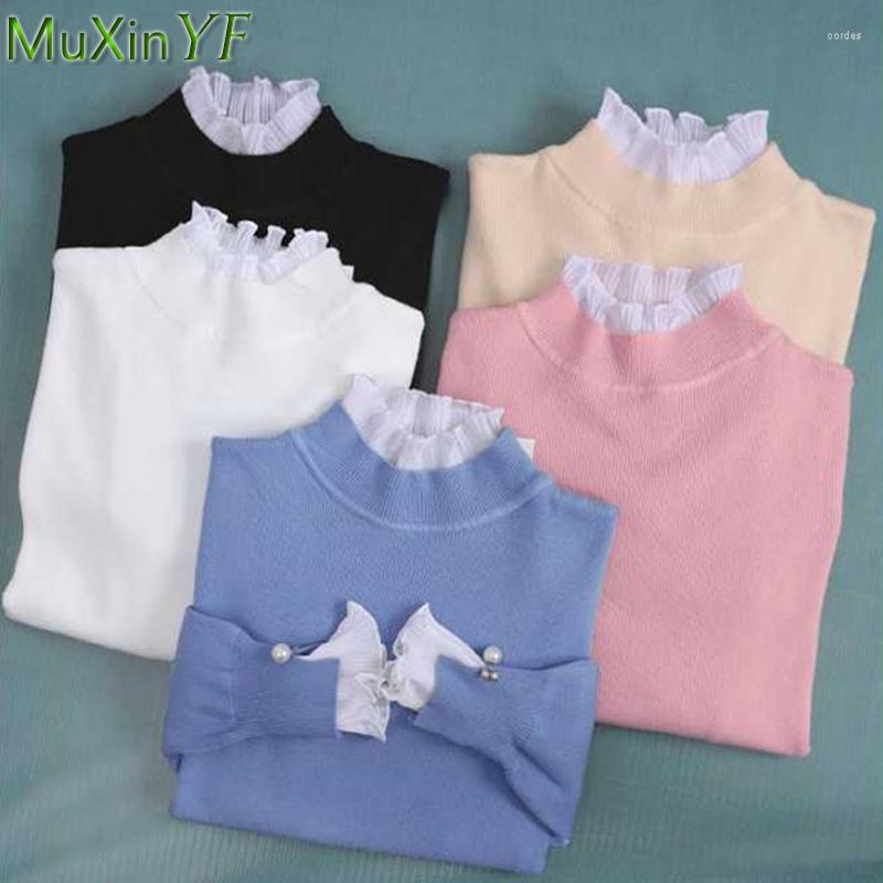 

Women's Sweaters Women's Autumn Winter Turtleneck Lace Sweater Lady Sweet Graceful Patchwork Chiffon Knitted Pullover Pearl Long Sleeve, Pink