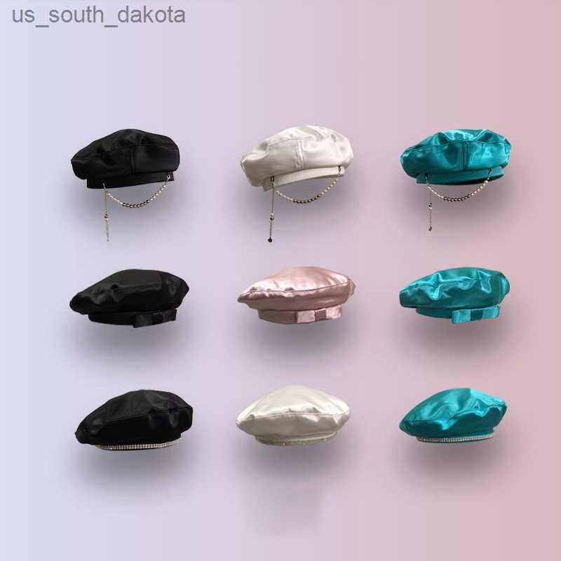 

Korean Spring Fashion Western-style Silk Pearl Chain Beret Net Red Bow Rhinestone Satin Beret Female Autumn and Winter L230523